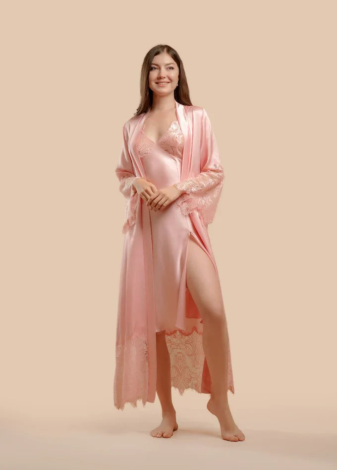 Long Satin &amp; Lace Nightdress &amp; Robe Set - Pink