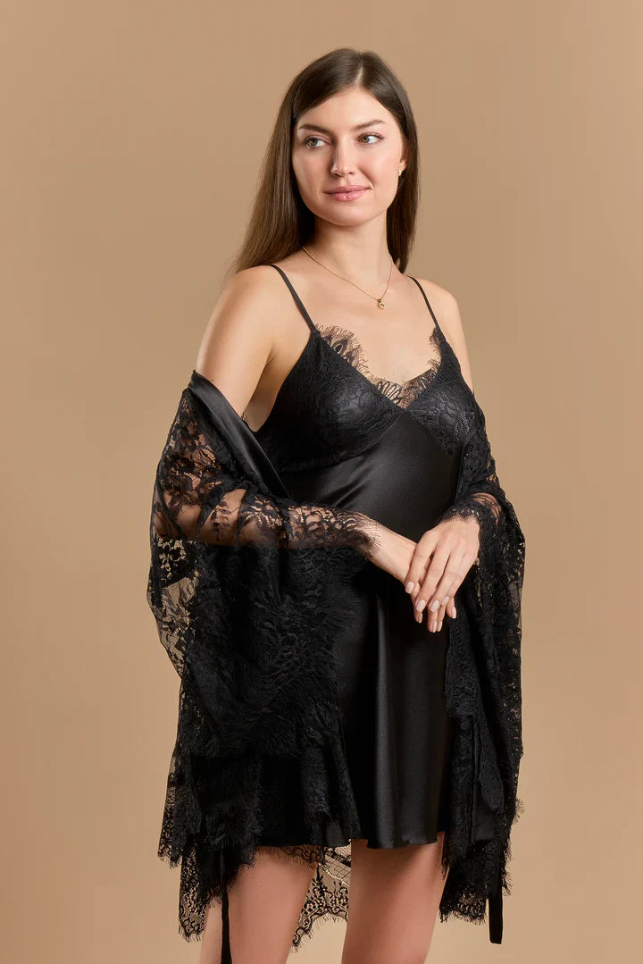 Lace &amp; Satin Short Nightdress &amp; Robe Set - Black