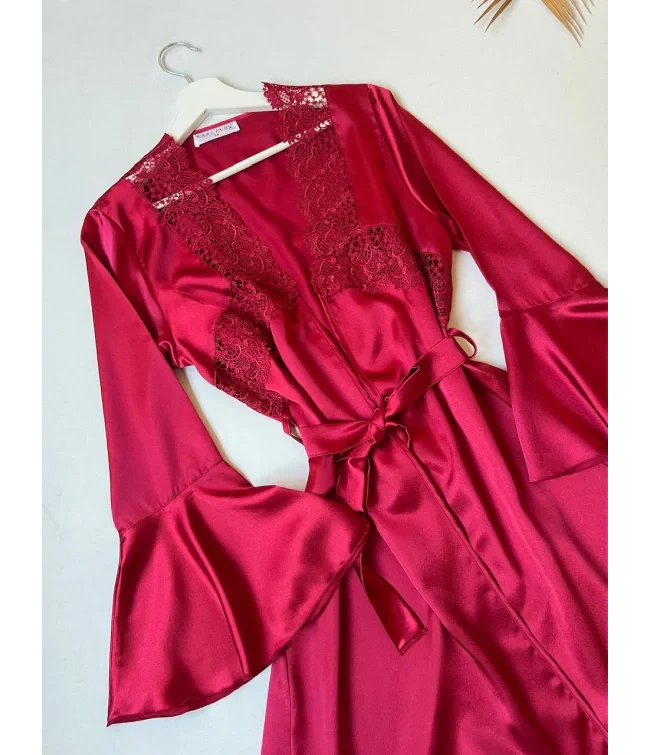 4Pcs Silk Turkish Guipure Detail Nighty Set Maroon