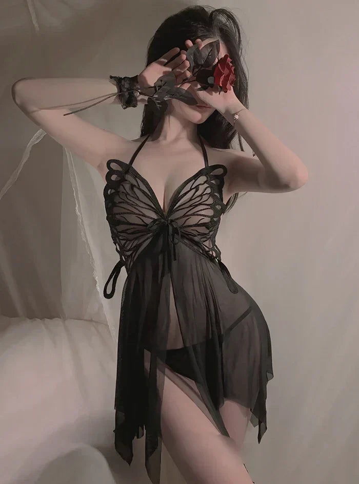 Butterfly Mesh Nightgown ( Black )